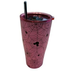Zrike Brand Disney Halloween Pink/Black Mickey Mouse Spider Web Tumbler w/ Straw